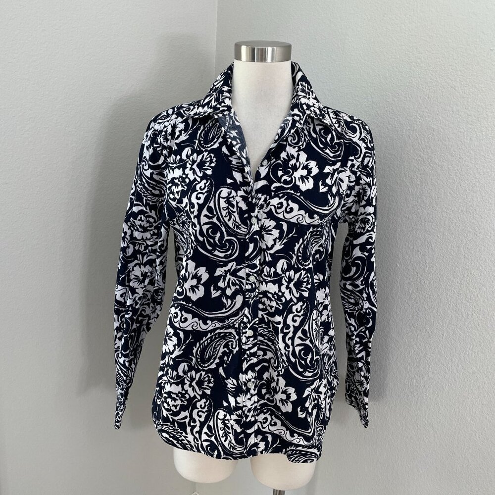 Chaps Womens Large Navy White Button Up Shirt Cotton‎ Floral Paisley Long Sleeve